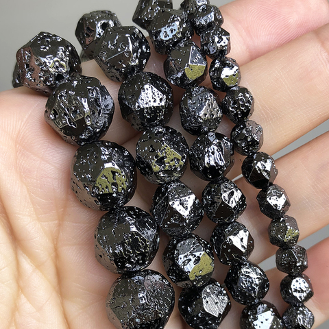 Perles de pierre de lave volcanique à facettes naturelles perles entretoises en vrac plaquées noires pour la fabrication de bijoux Bracelet à bricoler soi-même 15 ''6 8 10 12mm ► Photo 1/6