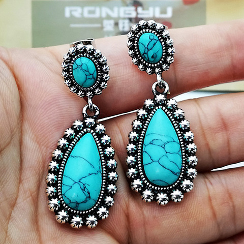 Boucles d'oreilles style bohème ethnique tibétain, Turquoises naturelles, Vintage, couleur argent, goutte d'eau, pierre, bijoux indiens pour femmes ► Photo 1/6