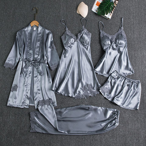 Vêtements de nuit femme 5 pièces ensemble de pyjamas Satin jéréamas dentelle Patchwork mariée mariage vêtements de nuit rayonne vêtements de maison nuisette & Robe costume ► Photo 1/6