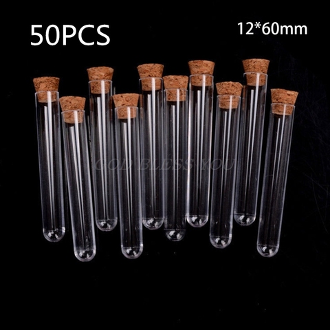 Tubes à essai à fond rond en plastique Transparent, 50 pièces/lot, 12x60mm, avec bouchons en liège, vides, parfumés, livraison directe ► Photo 1/6