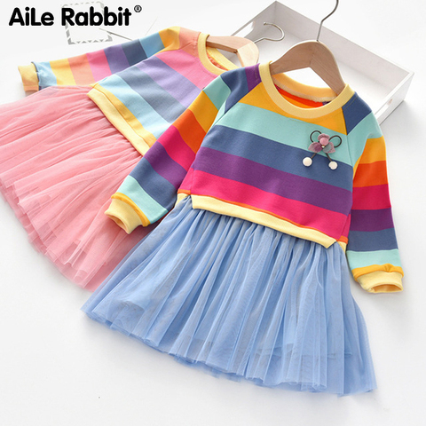 Robes de printemps pour filles, vêtements princesse à rayures, manches longues, couleur arc-en-ciel, duveteux, pour enfants, nouvelle collection 2022 ► Photo 1/4