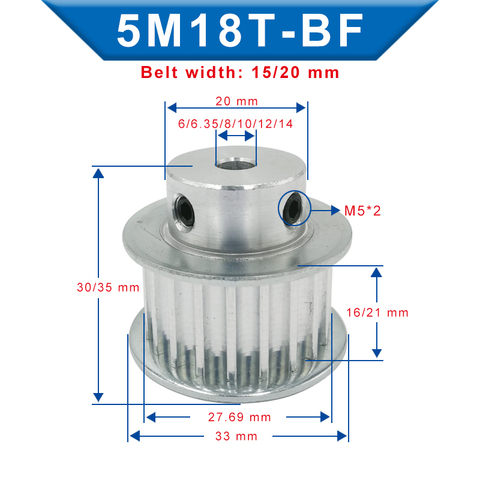 Poulie de distribution en aluminium, alésage 5M-18T 6/6.35/8/10/12/14mm, largeur de la fente de poulie de courroie synchrone 16/21mm pour largeur 15/20mm 5M ► Photo 1/6