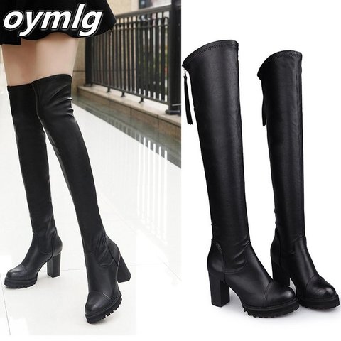 Bottes en cuir Pu au dessus du genou pour femmes, nouvelle collection automne hiver, fermeture éclair au dos, talon épais, plateforme, cuissardes, chaussures à la mode, noir ► Photo 1/5