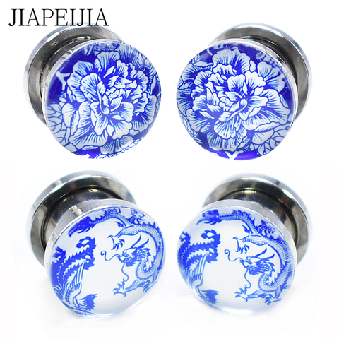 Bleu et Blanc Porcelaine Tunnels et Bouchons D'oreille Oreille Étirement Expander Piercing Jauge pour Boucle D'oreille ► Photo 1/6