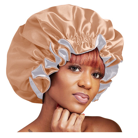 Nouveau femmes grande taille beauté Satin doublé Bonnet femmes beauté Satin soie Bonnet sommeil chapeau pour pour bouclés élastique cheveux noir ► Photo 1/6