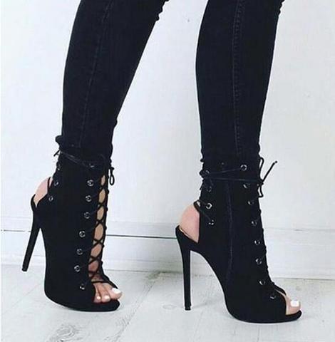 Sandales à talons pour femmes, bottines style gladiateur, à bout ouvert, talons hauts et pointes, en daim, à revers, à lacets ► Photo 1/6