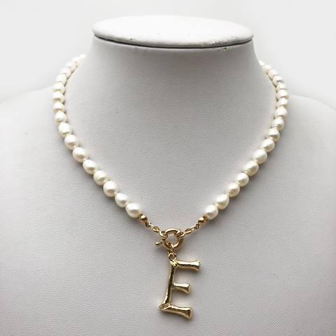 Collier ras du cou en perles véritables, avec initiale de l'alphabet, en acier inoxydable, avec boucle, pendentif de couleur rouge, bijoux de perles d'eau douce, A-Z ► Photo 1/6