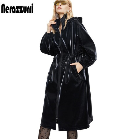 Nerazzurri longue noir chaud surdimensionné brillant en cuir verni trench manteau pour les femmes à manches longues fermeture éclair jusqu'à l'automne mode 2022 coupe-vent ► Photo 1/6