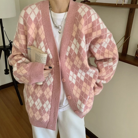 Cardigans à manches longues pour femmes, pull tricoté Argyle, coréen Y2k, rose, court, veste avec boutons ► Photo 1/6