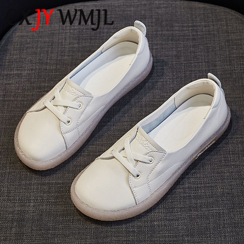 Grande Taille En Cuir Véritable Chaussures Décontractées Femmes Baskets Cuir Vulcanisé Chaussure Automne Appartements Confortables Femelle Blanc Sneaker 41 ► Photo 1/6