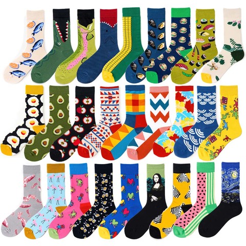 Chaussettes drôles pour hommes, en coton peigné, Omelette, grenouille, Burger fou, saumon, maïs, avocat, oiseau, poisson, cadeau de noël ► Photo 1/6