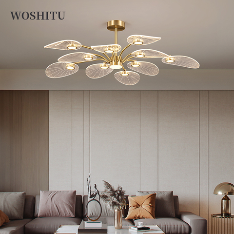 Nordique LED plafonnier pour chambre salon Lotus feuille forme Design créatif tous les lustres en cuivre maison lumières décoratives ► Photo 1/6