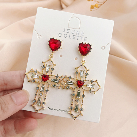 Boucles d'oreilles avec pendentif en croix creuse pour femmes, style européen, Baroque, rouge, cœur, strass, croix, sans Piercing ► Photo 1/6