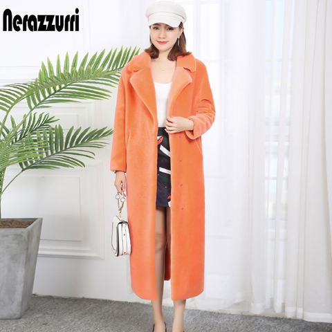 Nerazzurri – manteau en peluche 100% laine véritable pour femme, Long manteau d'hiver en vraie fourrure de mouton, revers Orange épais et chaud, grande taille ► Photo 1/6