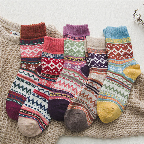 5 paires/lot nouveau Witner épais chaud laine femmes chaussettes Vintage noël chaussettes colorées chaussettes cadeau Moda Feminina chaussette ► Photo 1/6