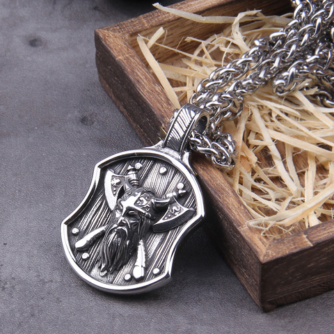 Acier inoxydable hommes Viking guerrier avec hache viking sur viking bouclier pendentif collier comme cadeau pour hommes ► Photo 1/6