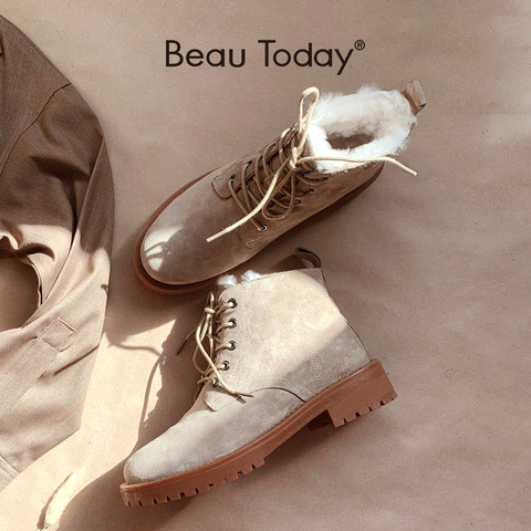 BeauToday – bottes de neige en laine pour femme, chaussures en cuir véritable, bout rond, plateforme à lacets, longueur cheville, faites à la main, hiver, 03281 ► Photo 1/6