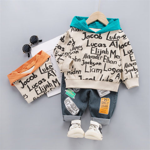 Enfants mode vêtements costume printemps enfants garçon fille sweat-shirt imprimé lettre jean 2 pièces/ensembles bébé enfant en bas âge vêtements infantile ensembles de vêtements de sport ► Photo 1/6