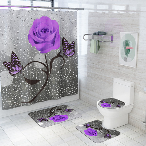 Ensemble de tapis de bain et rideau de douche, motif Floral, avec crochets, antidérapant, pour salle de bain, toilette, tapis de pieds ► Photo 1/6