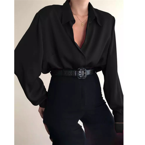 Nouvelle mode automne femmes Blouse chemise revers à manches longues solide noir rouge dames Blouse pour femmes haut féminin vêtements ► Photo 1/6