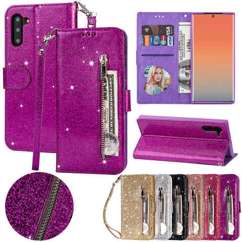 Étui à paillettes pour Samsung Galaxy S21 S20 Ultra S10 S9 S8 Plus S20FE Note 8 9 10 Coque en cuir à fermeture éclair ► Photo 1/6