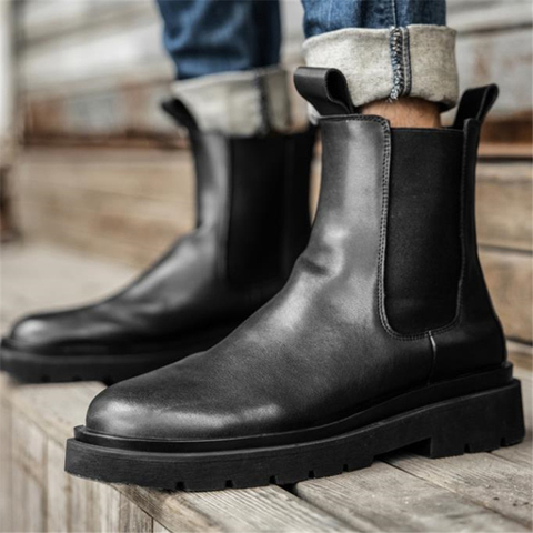 Véritable cuir hommes bottes confortable Slip-on hommes Chelsea bottes décontracté bottines pour hommes imperméable bottes de neige chaussures d'hiver Zapatos ► Photo 1/6