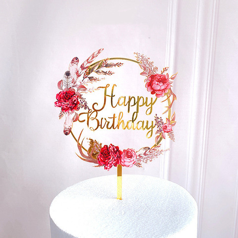 Historique Des Prix Et Avis Sur Nouvelles Fleurs Colorees Avec Inscription De Joyeux Anniversaire Pardessus De Gateau Dore Acrylique Fete D Anniversaire Decoration Pour Dessert Babyshower Fournitures De Patisserie Vendeur Aliexpress