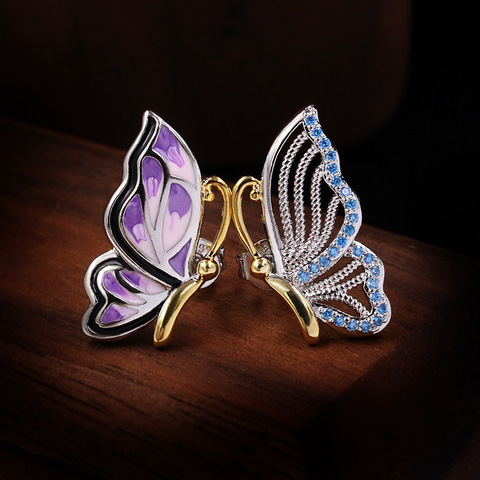 Boucles d'oreilles papillon en argent Sterling 925 pour femme, bijoux de fiançailles élégants en émail violet, Style Vintage ► Photo 1/4