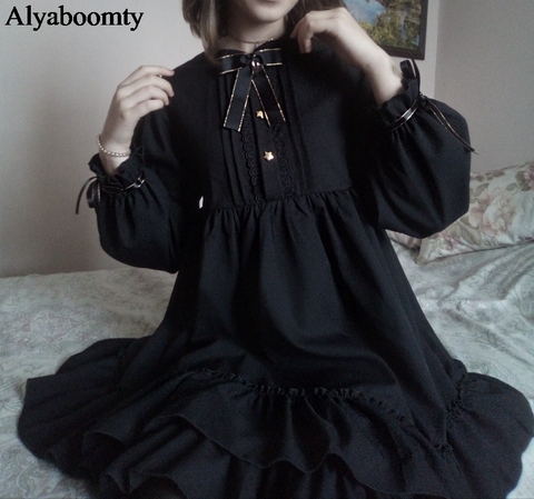 Japonais Harajuku femmes noir volants robe lanterne manches Lolita Style étudiant robe douce Kawaii mignon arc fille en mousseline de soie robe ► Photo 1/6