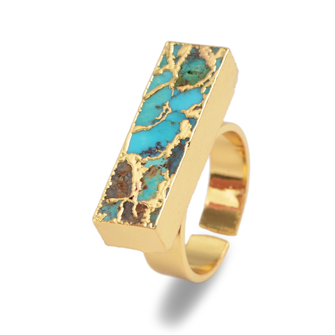 Bagues rectangulaires en pierre turquoise naturelle pour hommes et femmes, anneau ajustable en or, de haute qualité, manchette en pierre bleue ► Photo 1/6