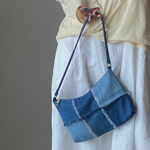 Sac à main Baguette Vintage en Denim pour femmes, couture, mode dames, couleur contrastée, petits sacs à bandoulière, sac à aisselles ► Photo 1/6