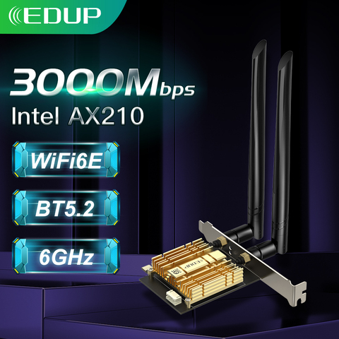 Eding – carte Wi-Fi 6E Intel AX210, 3000Mbps, adaptateur PCI Express, Bluetooth 5.2, double bande, PCIE, pour ordinateur de bureau, compatible avec windows 10 ► Photo 1/6