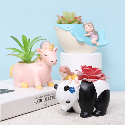 Pot de fleurs de jardin féerique en résine pour filles, Mini Pot de plantes succulentes, Figurine baleine et licorne pour décoration intérieure ► Photo 1/6