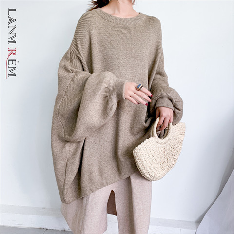 LANMREM 2022 printemps nouvelle mode couleur unie col rond pull manches chauve-souris grande taille longue tricot pull femmes PB615 ► Photo 1/6