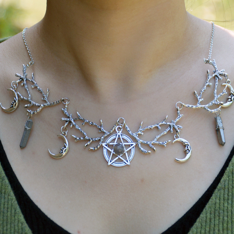 Collier de la sorcière Antler Branches, pentagramme croissant de lune, pierre de cristal, collier de fête de mariage Wiccan, bijou païen pour cadeau ► Photo 1/2