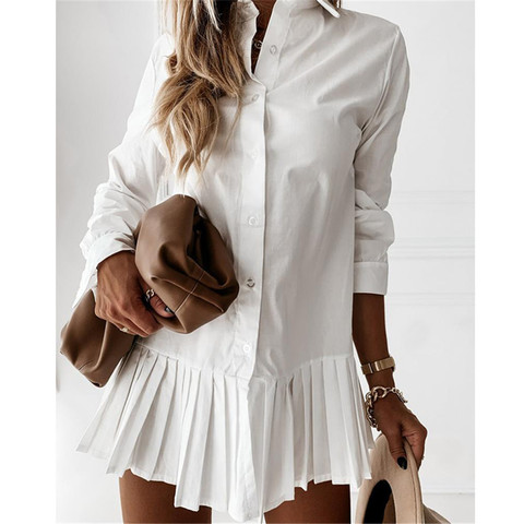 Femme couleur unie chemise robe revers à manches longues plissé simple boutonnage Mini robe femme dames printemps une pièce vêtements ► Photo 1/6