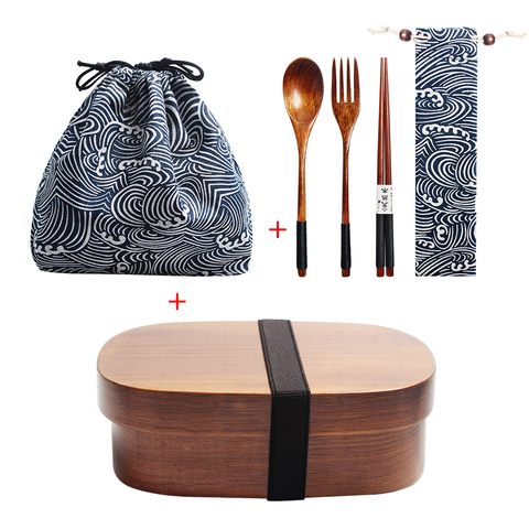 Boîte à déjeuner en bois pour pique-nique avec fourchette et cuillère, Bento avec Set de couverts pour enfants à l'école et carré ► Photo 1/6