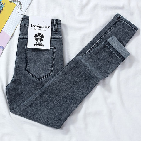 Chic taille haute slim Jean femme 2022 nouvelle mode haute élastique Jean femme montrer mince gris bleu solide Denim pantalon femme Mon ► Photo 1/6