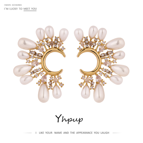 Yhpup Korean Imitation Pearls Flower Stud Earrings for Women High Quality Exquisite Cubic Zirconia Jewelry Earrings Bijoux Femme ► Photo 1/6