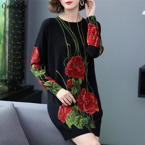 Robe pull longue à manches longues pour femmes, tricot, imprimé Floral, pull, grande taille, automne ► Photo 1/6