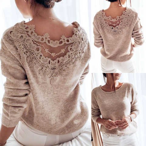 Pull en dentelle à manches longues pour femme, élégant, tricoté, dos nu, vêtements féminins, collection hiver ► Photo 1/6