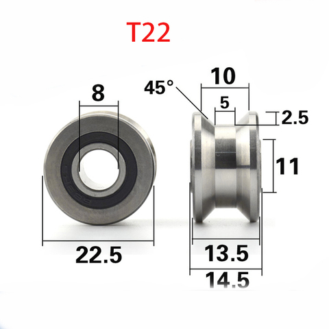 5 pcs/lot CNC TU22 8mm V/U rainure poulie roulements T22 8*22.5*14.5*13.5mm V rainure roue roulement à billes T-U-22 ► Photo 1/5