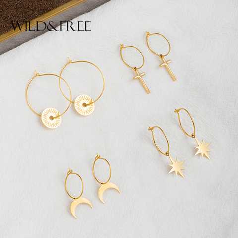 Boucles d'oreilles cercle géométrique en acier inoxydable sauvage et gratuit pour femmes étoile lune croix forme ronde Huggie cercles minces cerceaux boucle d'oreille ► Photo 1/6