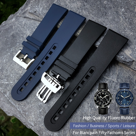 Remplacement de bracelet de montre de Silicone de caoutchouc de fluor de 23mm pour Blancpain cinquante brasses noir bleu bracelet souple boucle d'acier inoxydable ► Photo 1/6