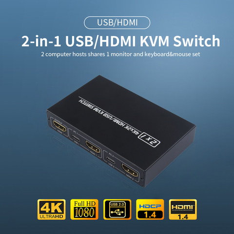 AIMOS AM-KVM 201CL 2-en-1 compatible HDMI/USB KVM Switch Support HD 2K * 4K 2 hôtes Share 1 moniteur/ensemble clavier et souris KVM Switch ► Photo 1/6