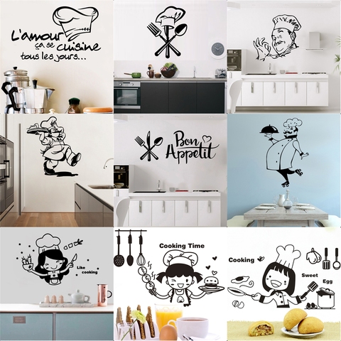 Drôle chef cuisinier étanche vinyle autocollant mural pour Cuisine salle à manger maison/Restaurant Cuisine/vin/café stickers muraux ► Photo 1/6