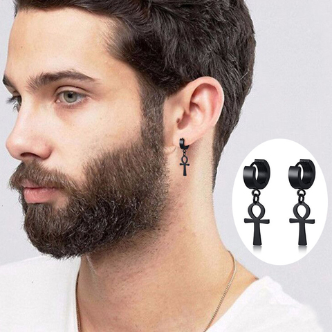 Boucles d'oreilles en forme de croix pour hommes, bijoux en acier inoxydable noir, style Punk égyptien ► Photo 1/6