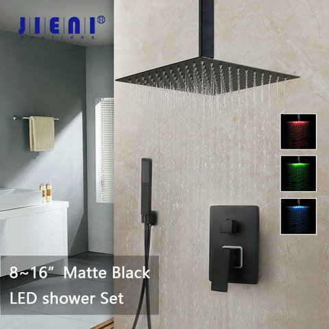 JIENI 8 12 16 pouces noir salle de bain robinet de douche ensemble de montage au plafond noir LED pomme de douche mitigeur W/pluie douche robinets ensemble ► Photo 1/6