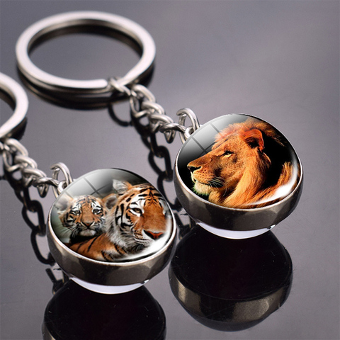 Porte-clés Animal, accessoire suspendu tigre, loup, renard, Lion, boule de verre Double face, chat noir, cheval et lune ► Photo 1/6