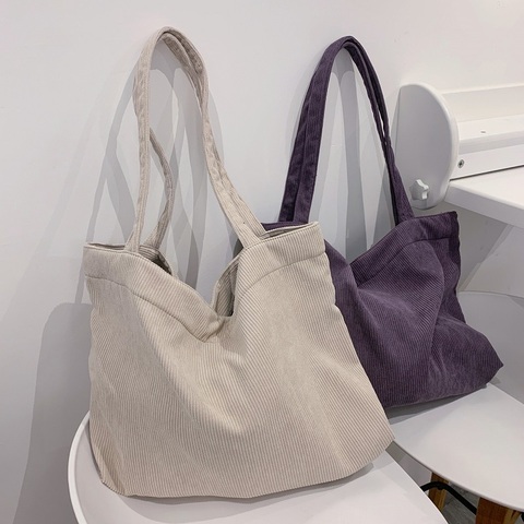 Toile Velours Côtelé Épaule Sacs À Provisions pour femmes Shopper Quotidien Sac À Main Femme Décontracté Grande Capacité Pliable Voyage Sacs Fourre-Tout ► Photo 1/6